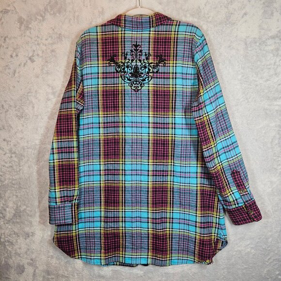 Soft Surroundings Blouse Womens L Flannel Plaid Metal Button Shirt Velvet Design - Picture 2 of 13